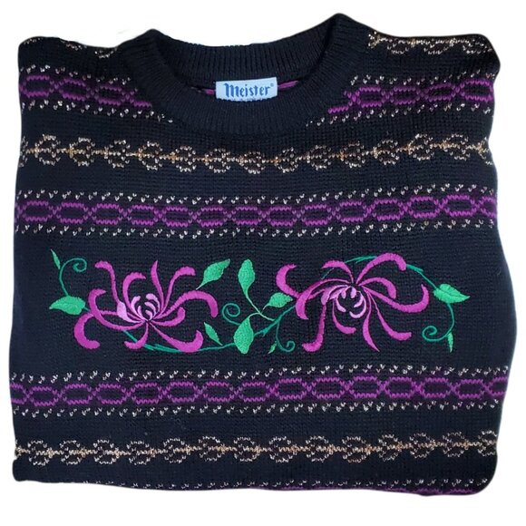 Meister Vintage Wool Blend Sweater Size Small Embroidered Floral Metallic - Picture 8 of 12